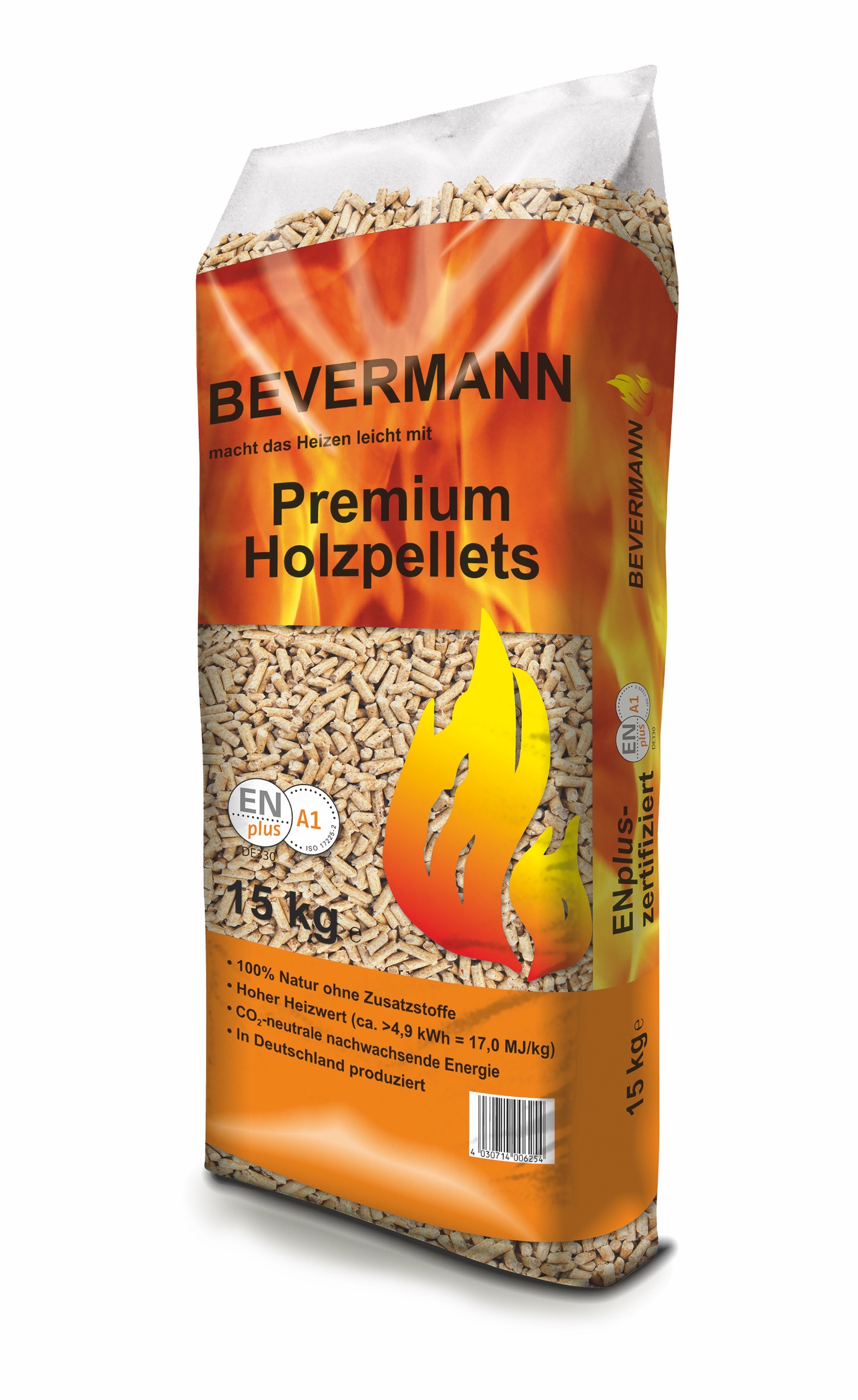 Bevermann Premium Holzpellets DIN EN Plus A1, 15 kg & Palette